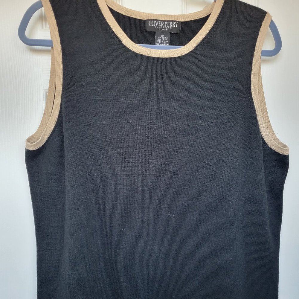 Oliver Perry woman knitwear top Black with beige trim around neck and arms, 2X